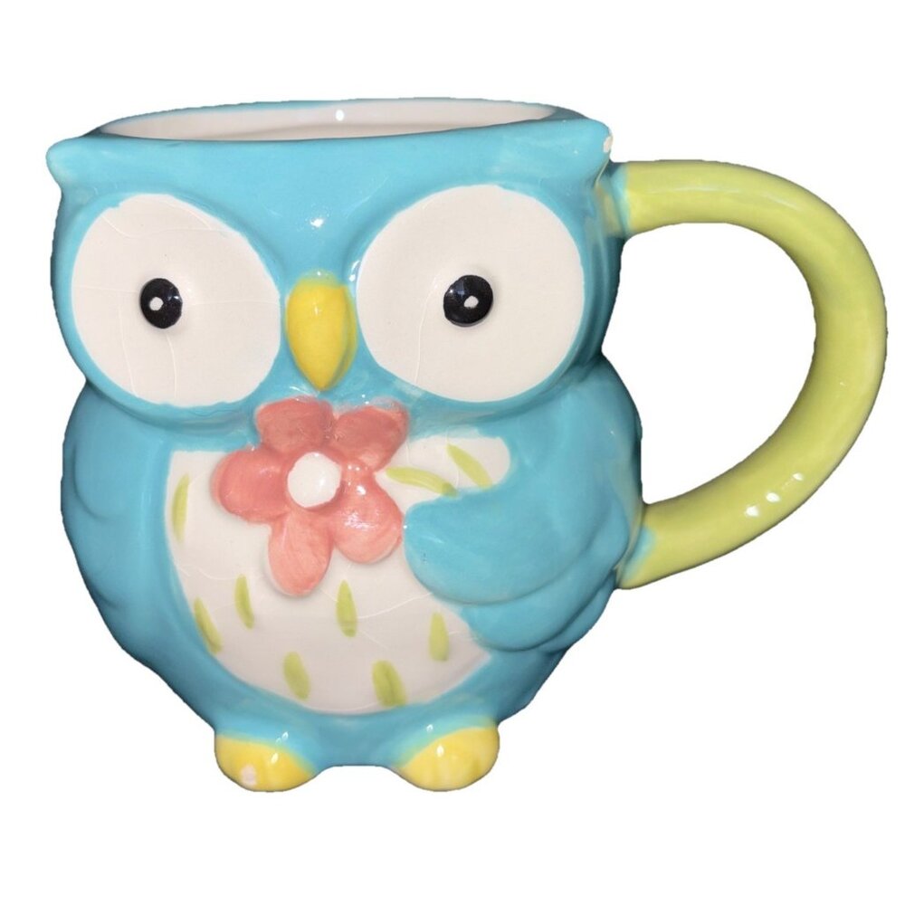 Owl Figure Mug Cup 4.5” Blue Green White Pink Whimsical Cuteness